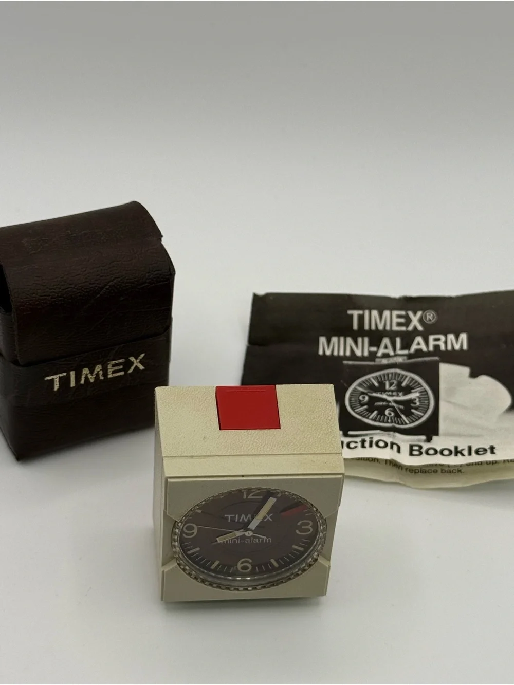 Vintage Timex Mini Alarm Travel Clock Cube Case Manual 1970s 80s Retro